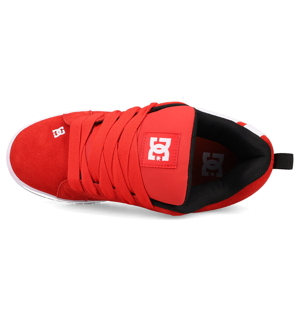 Top view of the DC Shoes Men's Court Graffik SE: a red skate shoe with a puffy silhouette, thick laces, black interior, and white DC Shoes logos on the tongue and side.