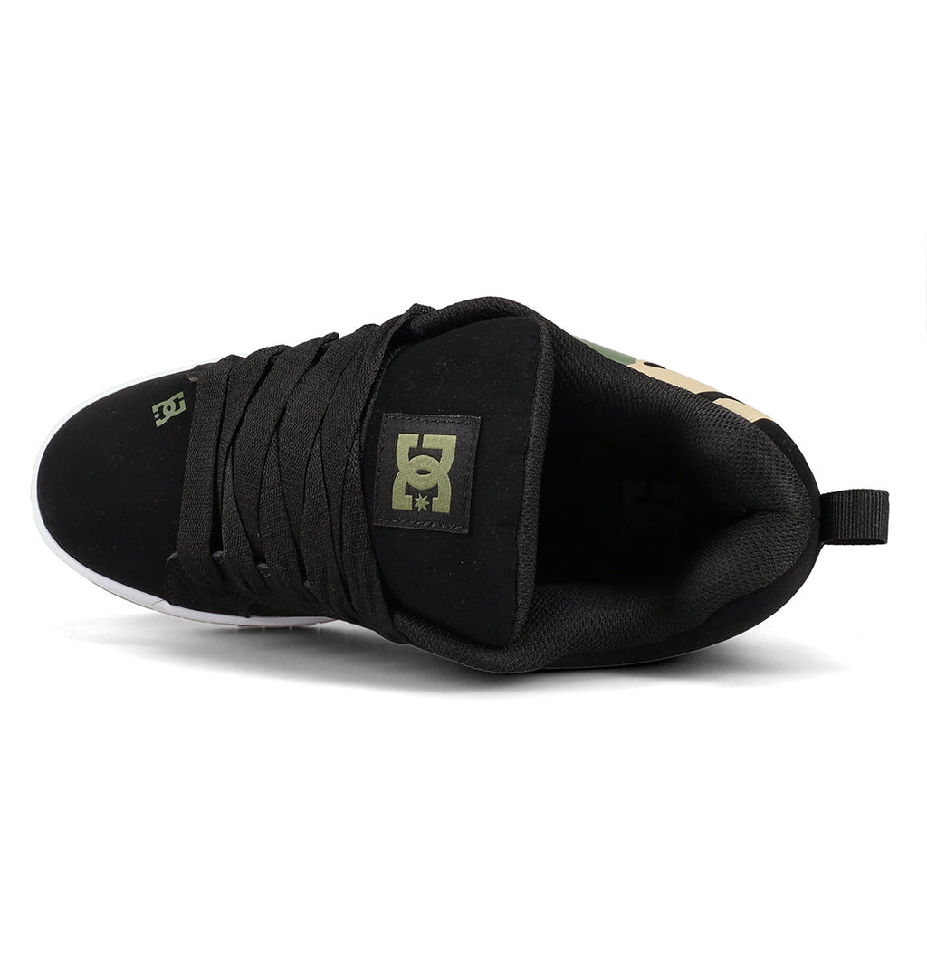 A black Men’s Court Graffik Special Edition shoe from DC Shoes is shown from above, featuring the signature puffy silhouette, black laces, a green DC Shoes logo on the tongue, and a heel loop—perfectly embodying the iconic style of the Court Graffik line.