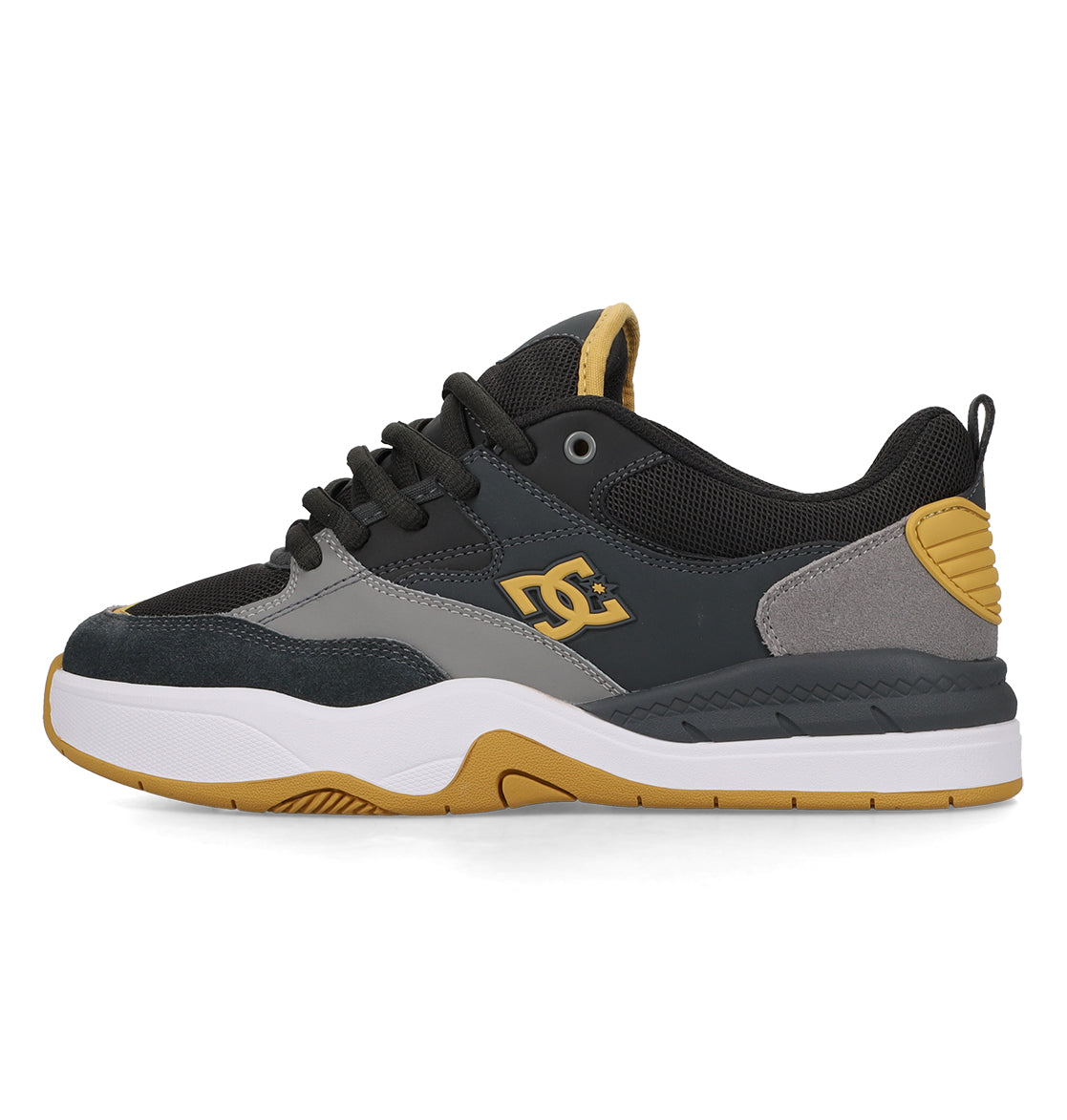 The Men’s Ascend Skate Shoes by DC Shoes are stylish sneakers in black, gray, and mustard yellow with a white sole, featuring the iconic DC Shoes logo on the side and a layered material design that blends classic DC DNA with modern comfort.