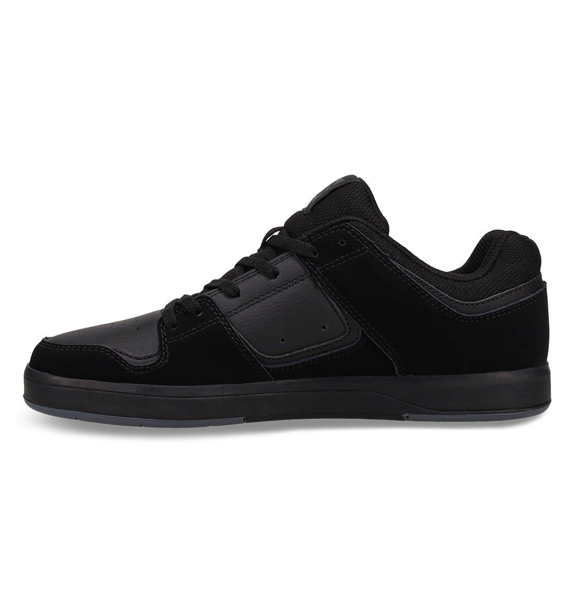 A side profile view of the Men’s DC Cure Shoes by DC Shoes—featuring a black low-top design with a leather suede upper, black laces, and a flat sole on a white background—perfect for everyday wear inspired by their signature style.