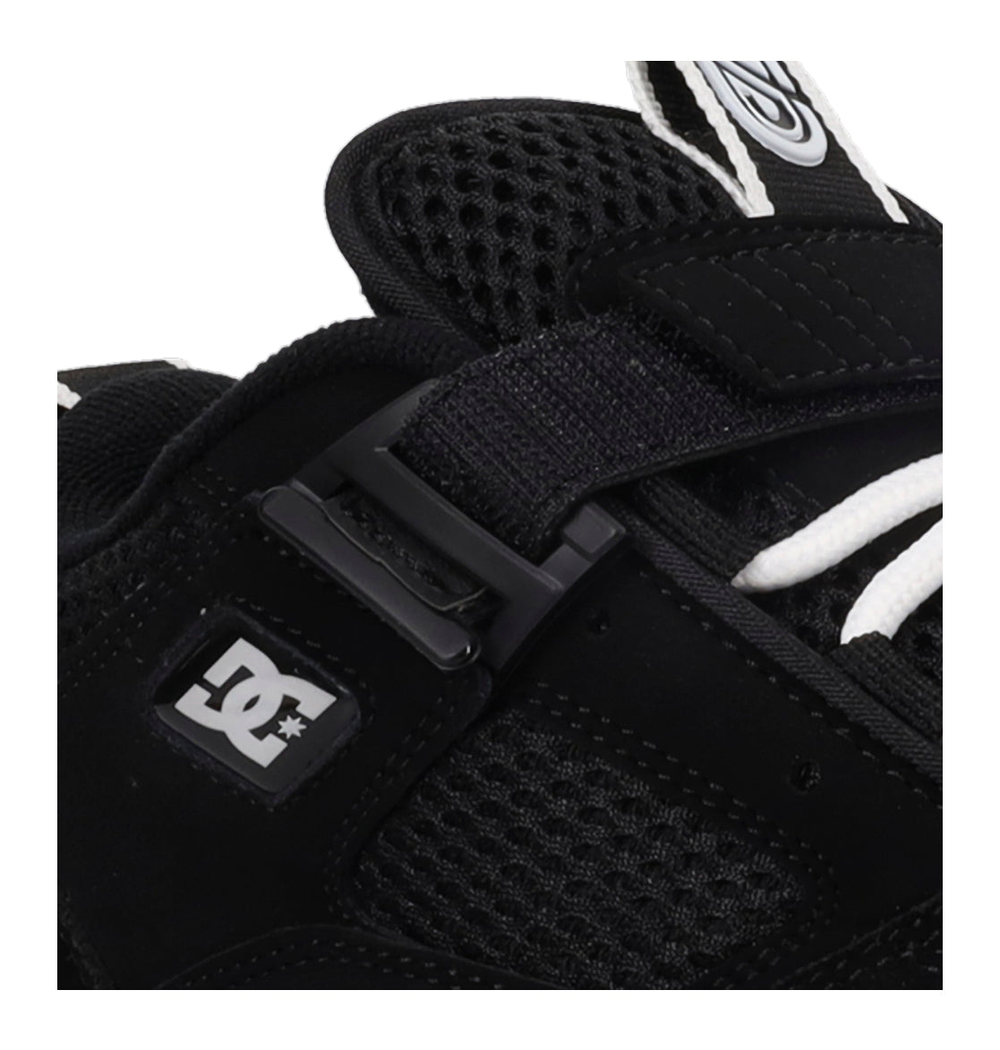 Close-up of a black glove with a buckle and DC logo on a white background