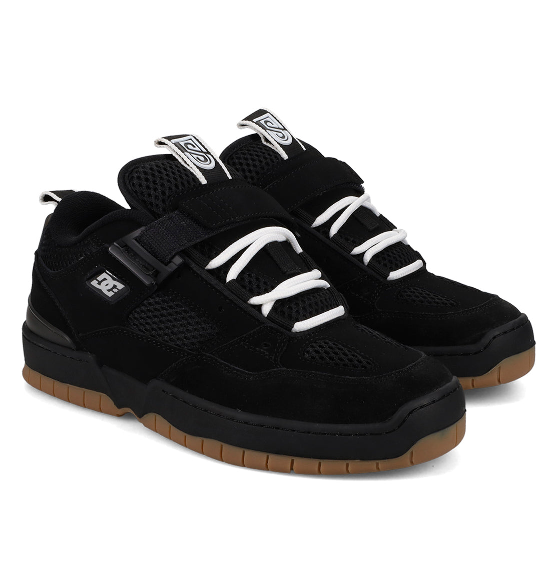 Black sneakers with white laces on a white background