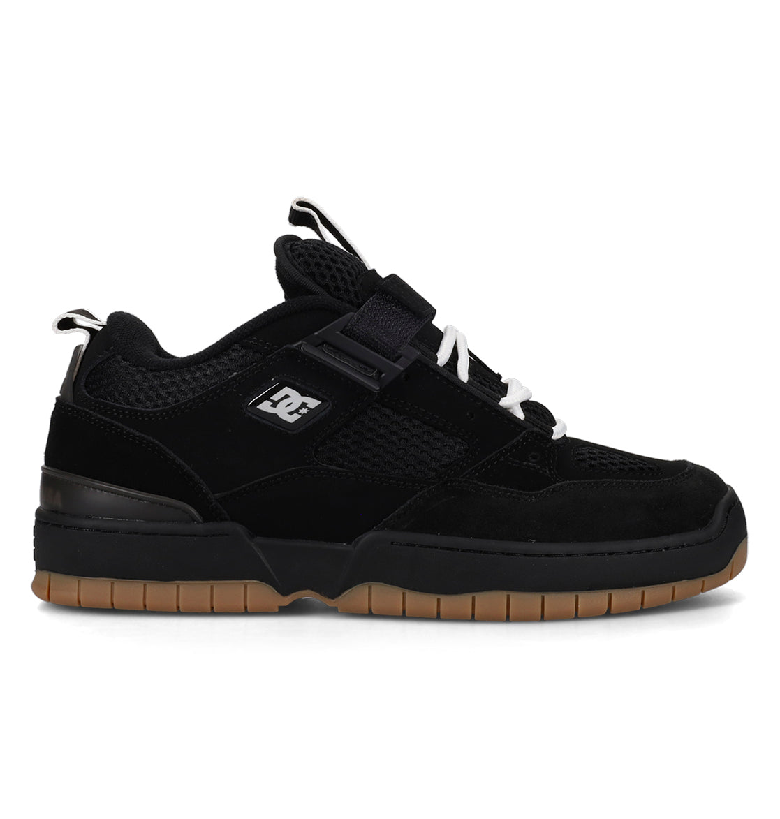 Black sneaker with a visible brand logo on a white background