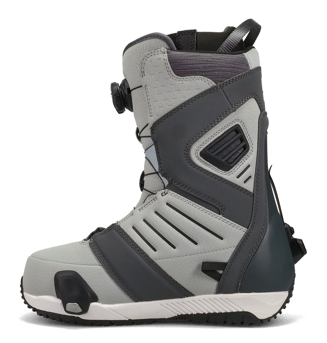 Men’s Judge Step On® Snowboard Boots by DC Shoes in gray and black, featuring reinforced toes and side panels, adjustable straps, and a BOA Fit System dial closure, displayed in profile on a plain white background.