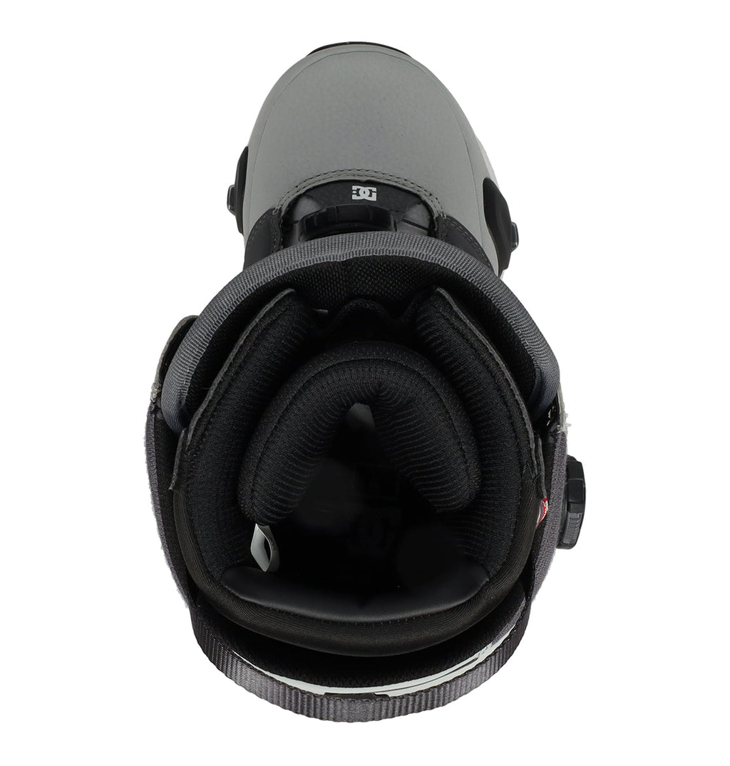 A top-down view of the Men’s Judge Step On® Snowboard Boot by DC Shoes, featuring a gray and black design, padded interior, BOA Fit System, and the DC logo on the tongue.