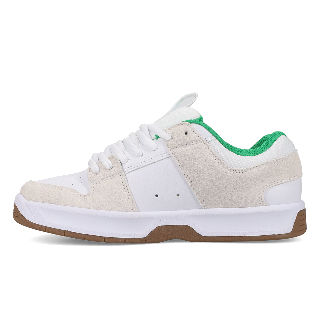 Men’s Lynx Shoes by DC Shoes in white and beige with a green inner lining, white laces, and a brown sole, shown in side profile against a white background. Inspired by the classic DC Lynx Zero design.