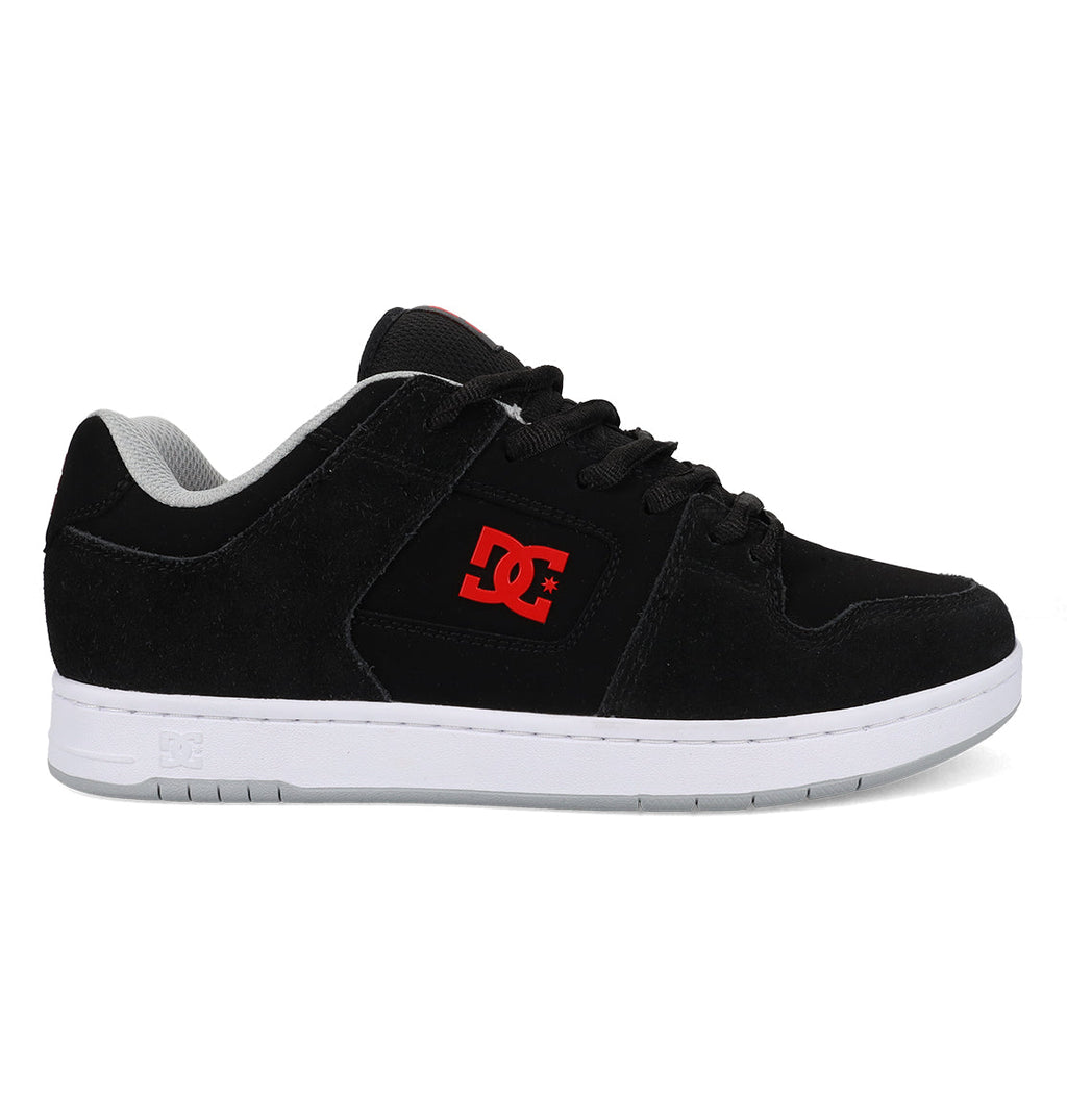 The Men’s Manteca 4 Shoes by DC Shoes showcase a sleek black design with a white sole, black laces, and an eye-catching red DC logo on the side. Built for contemporary comfort, these low-top skate shoes feature a grey inner lining—making them an ideal pick for anyone looking for style and performance in their footwear.
