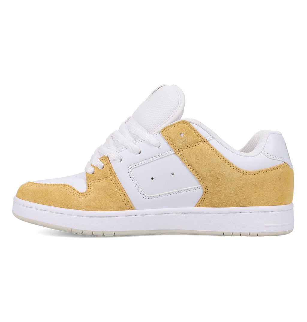 The Men’s Manteca 4 Shoes by DC Shoes feature a low-top silhouette with white laces, a white mesh and leather upper, and light tan suede panels adorning the sides, heel, and toe. Drawing inspiration from the iconic Manteca line, this model is crafted with a performance-focused design that blends style and comfort. The sole is white with a subtly textured pattern.