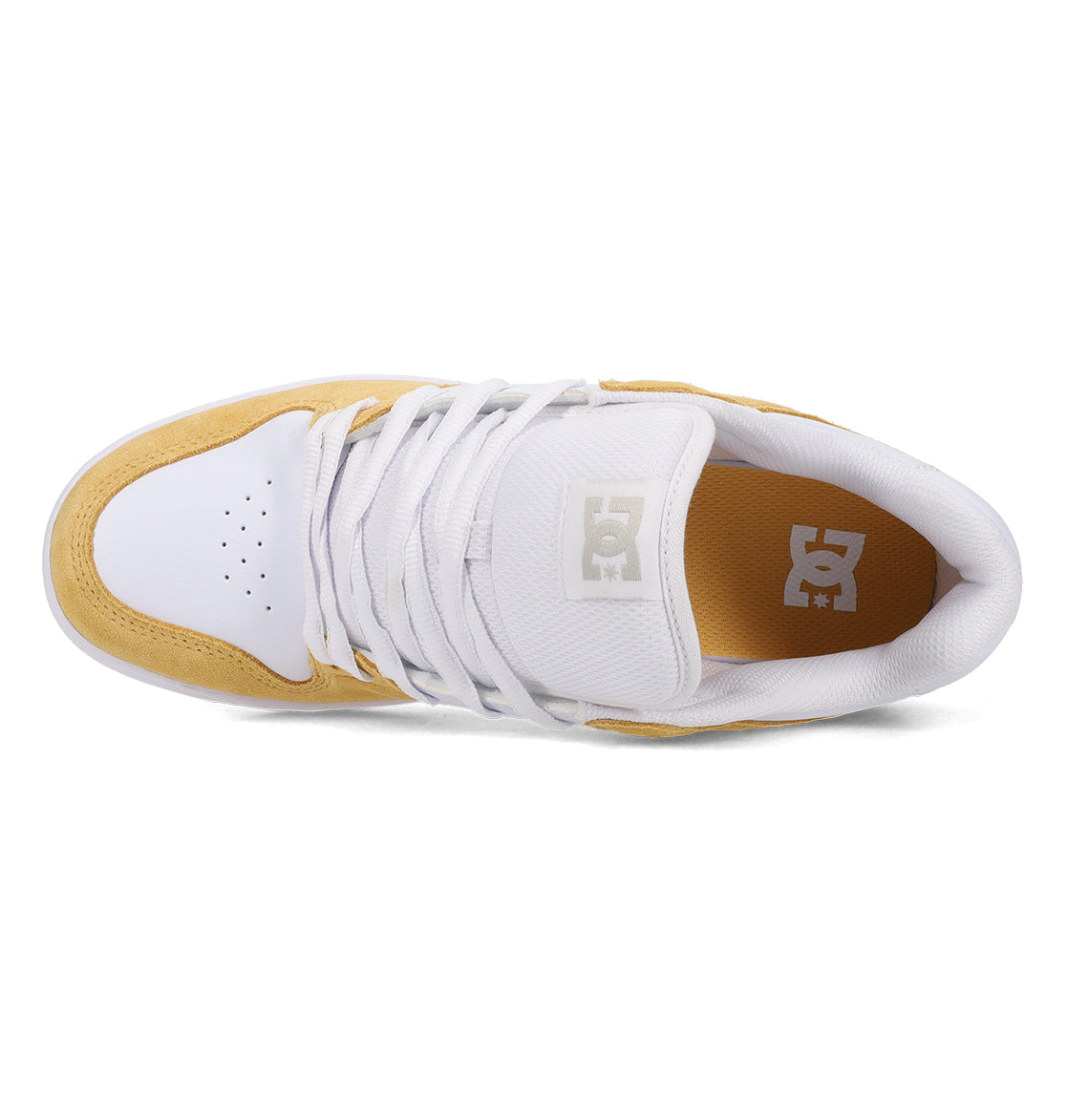 Top view of the DC Shoes Men’s Manteca 4 in white and tan, featuring white laces, a perforated toe box, and DC Shoes branding on the tongue and insole, highlighting its performance-driven design.