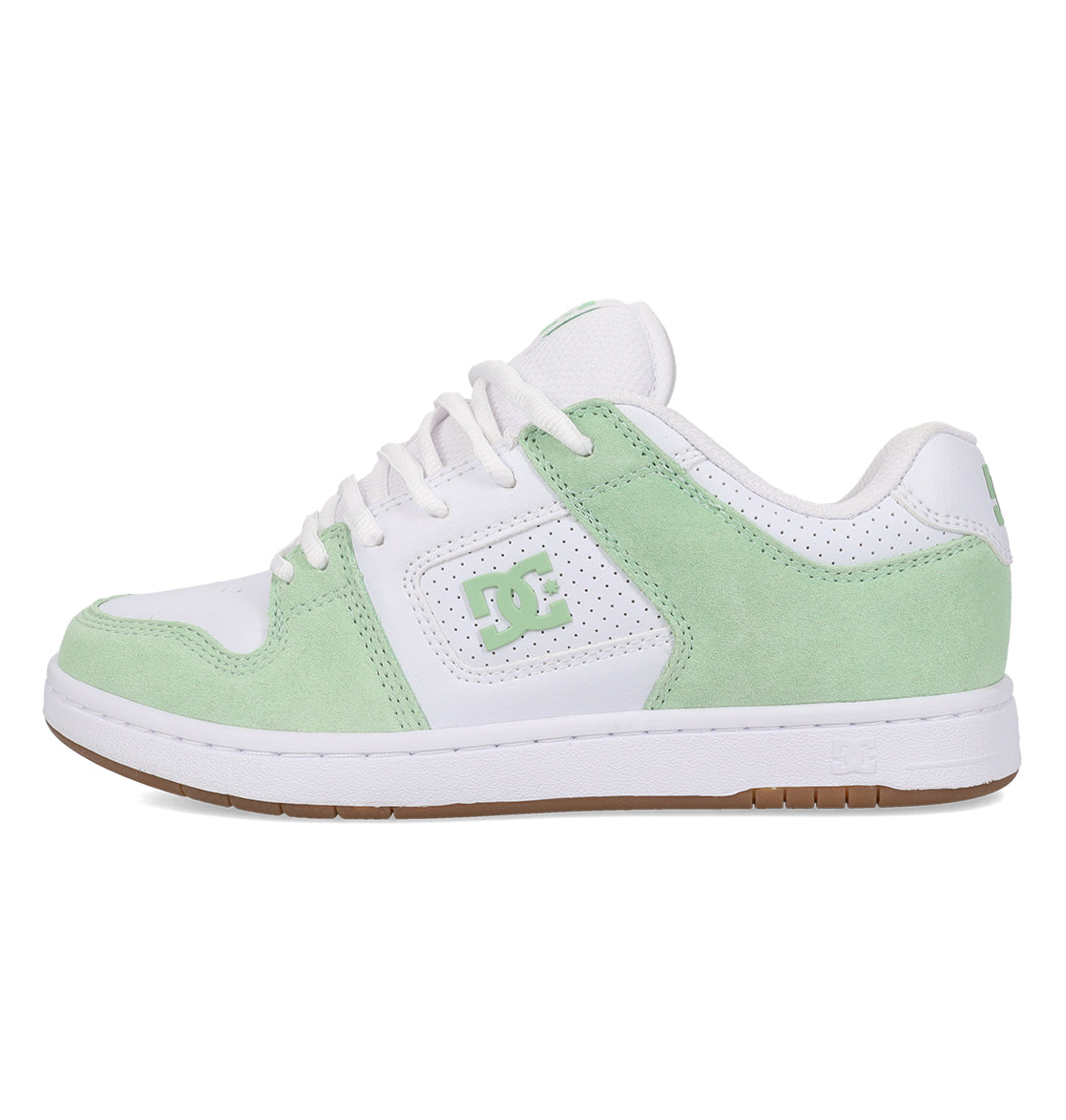 A low-top sneaker crafted with white leather and light green suede accents, the Women’s Manteca 4 Shoes from DC Shoes features white laces, a perforated upper, and a gum rubber sole. The iconic DC logo is displayed on the side panel and tongue, highlighting the performance-focused design of these sneakers.