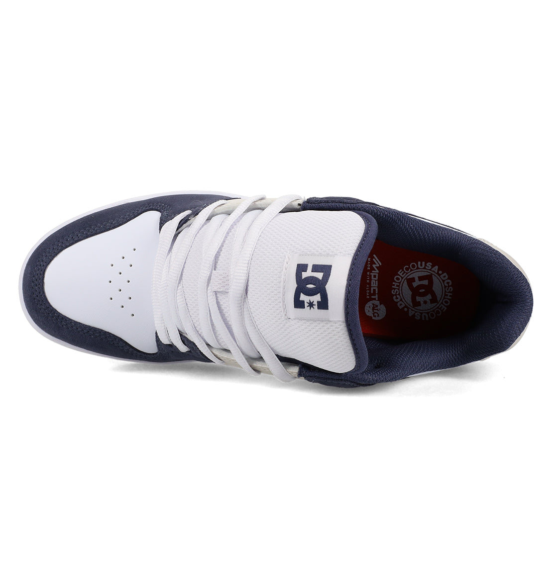A top-down view of the Men’s Manteca 4 Shoes by DC Shoes in white and navy highlights the classic laces, perforated toe, and signature DC logo on both the tongue and inner sole. Engineered with a performance-focused design, these shoes offer dedicated skaters style and lasting durability.