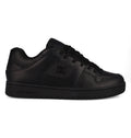 A black low-top Men’s Manteca 4 SE Shoe by DC Shoes, featuring a textured leather upper, black laces, and a flat rubber sole. This performance-focused skate shoe displays the iconic DC Shoes logo on the side panel and is presented in a right-facing profile view.