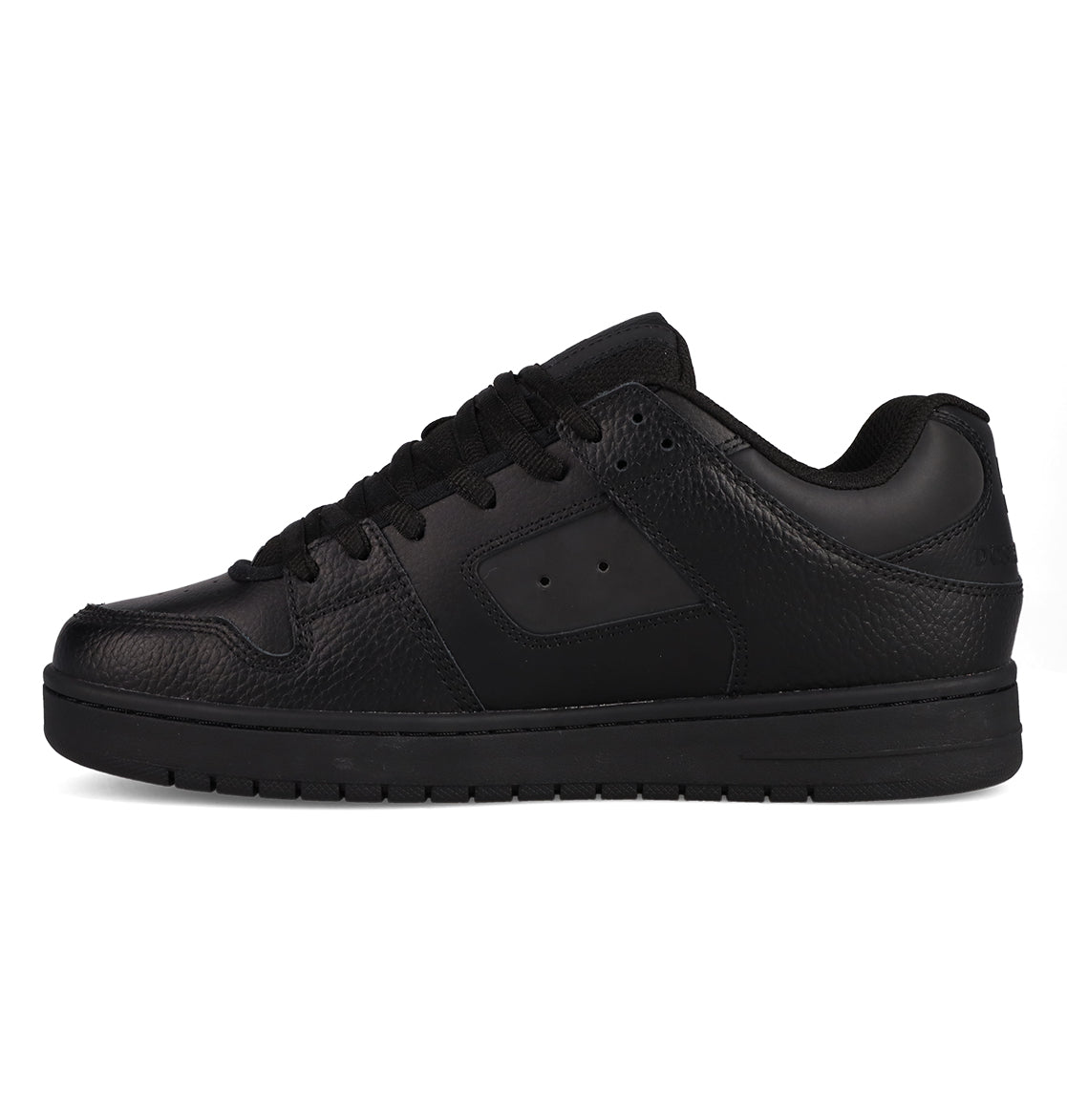 A black low-top sneaker with a textured leather upper, black laces, and a flat black sole, the Men’s Manteca 4 SE Shoes by DC Shoes showcase a performance-inspired design. Displayed in side profile against a white background.