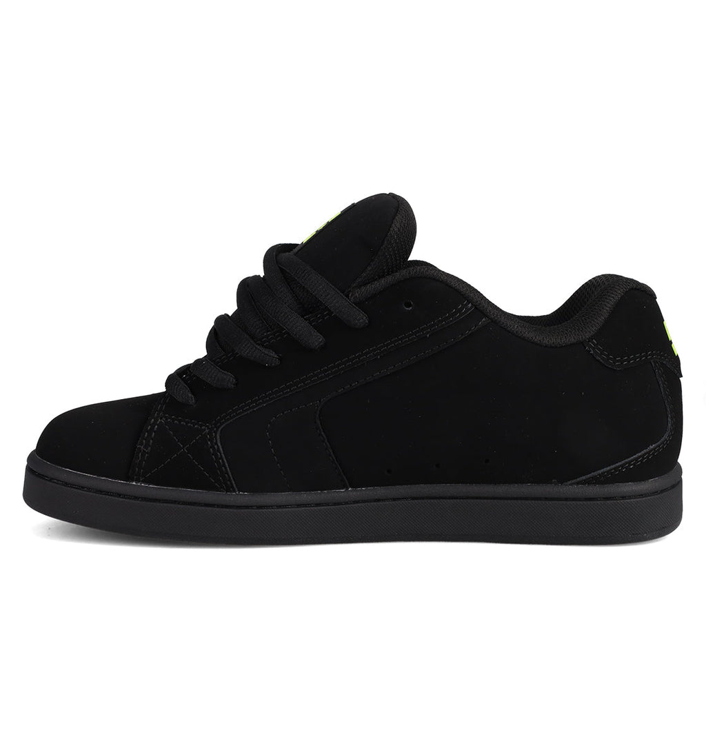 The DC Shoes Men's Net Shoes are black puffy sneakers with durable fabrics, thick laces, a padded tongue and collar, and a flat rubber sole, shown in side profile on a white background.