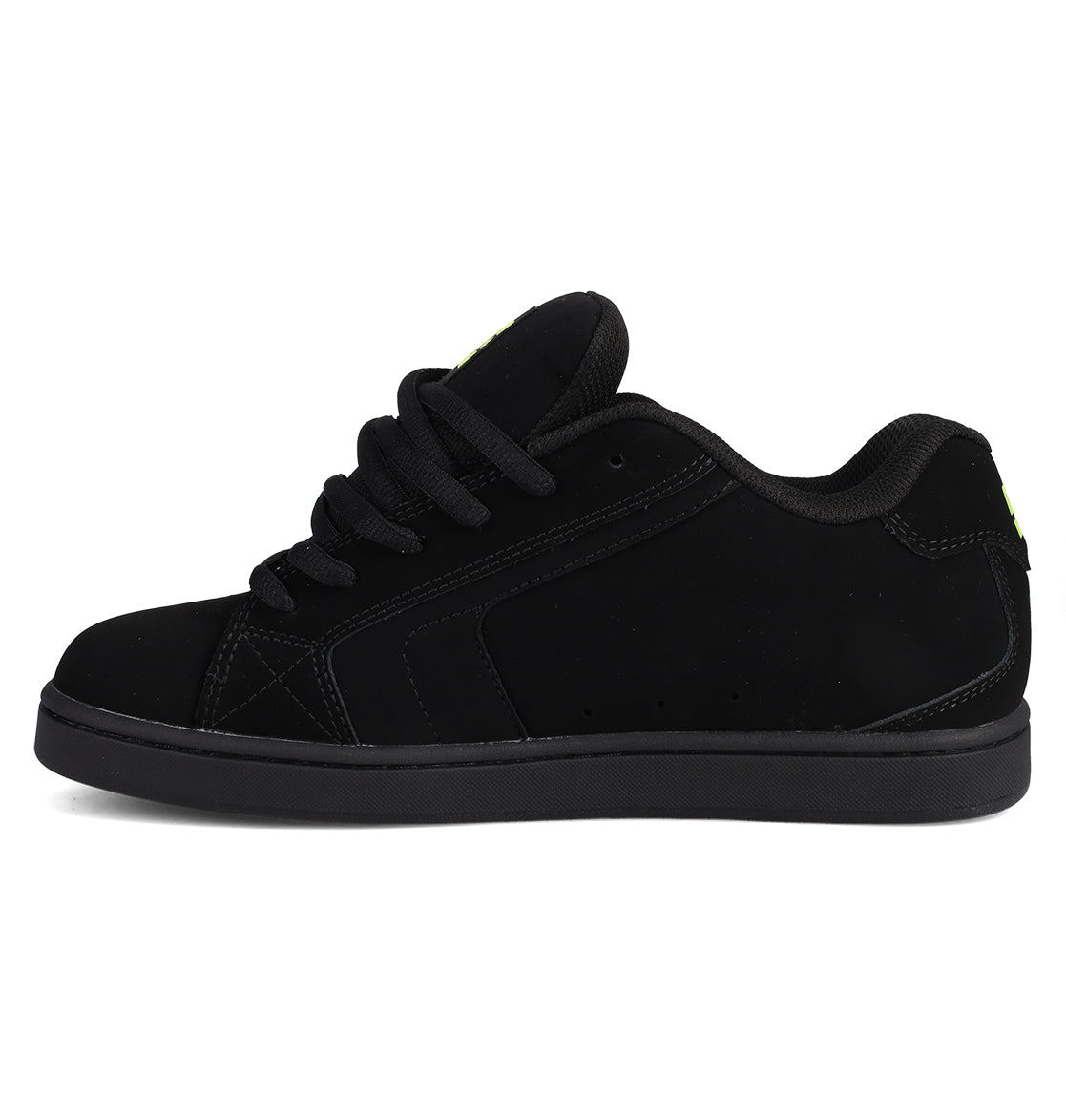 The DC Shoes Men's Net Shoes are black puffy sneakers with durable fabrics, thick laces, a padded tongue and collar, and a flat rubber sole, shown in side profile on a white background.