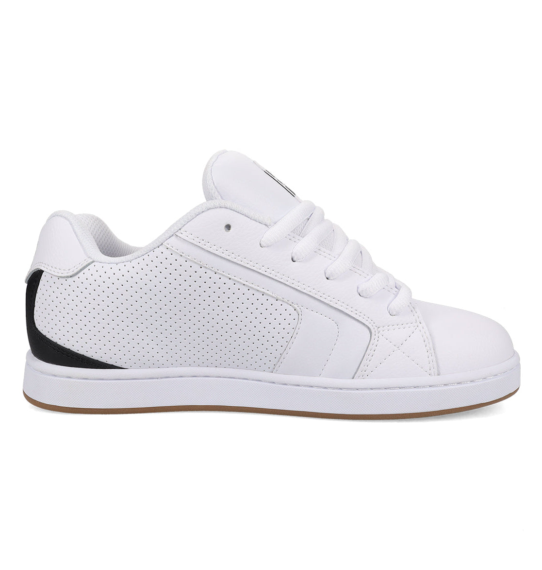 A side view of the DC Shoes Men’s Net Shoes, a white low-top sneaker featuring perforated side panels, white laces, a black accent on the heel, and a light brown rubber sole crafted from durable materials.