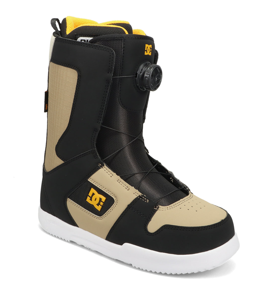 Men’s Phase Boa Snowboard Boots by DC Shoes in tan, black, and white, featuring a black Boa adjustment dial and a white sole—shown at a slight angle on a plain white background for an ideal blend of performance and style on your next snowboarding adventure.