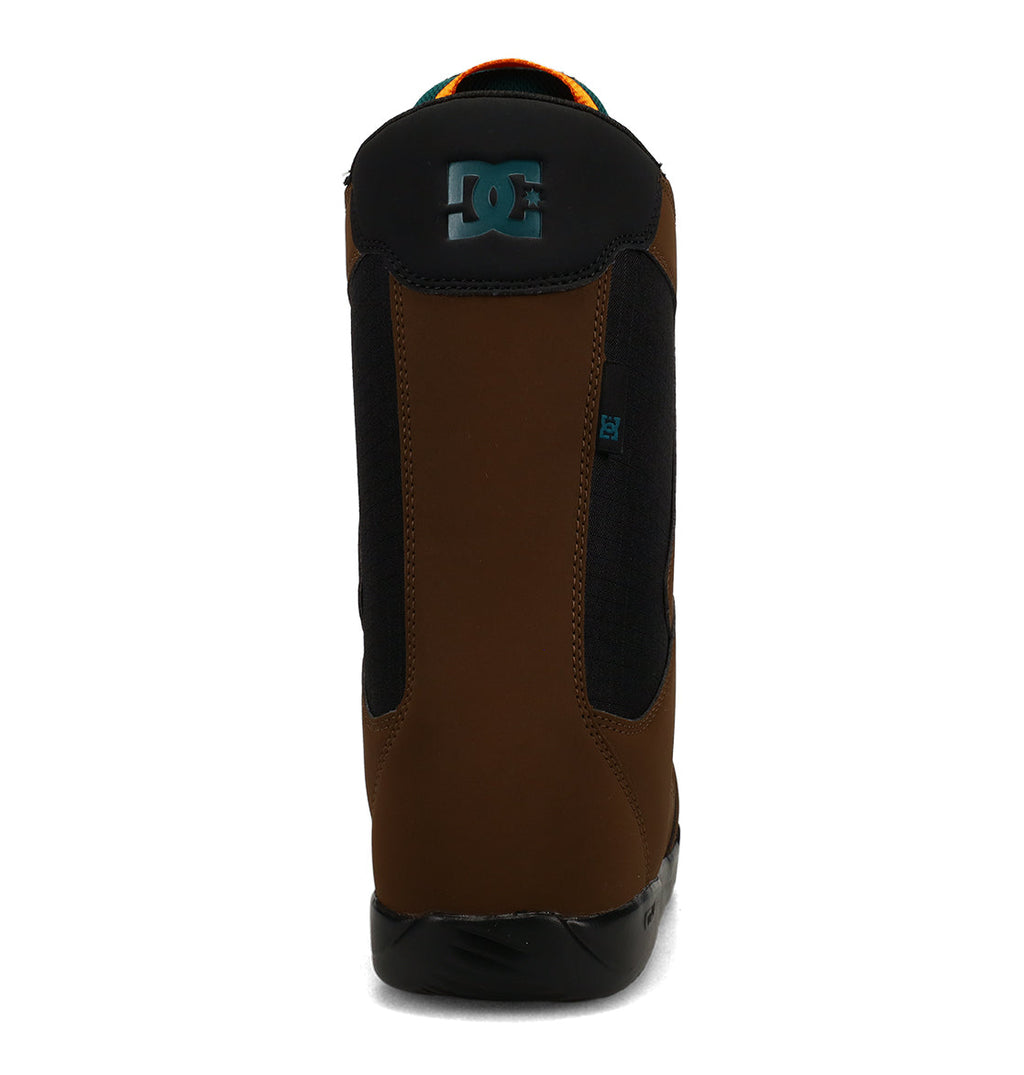 A rear view of the DC Shoes Men’s Phase Boa Snowboard Boots in brown and black, showcasing a teal DC Shoes logo near the top. Built for all-day comfort, these boots integrate Boa system features to deliver an enhanced snowboarding experience.