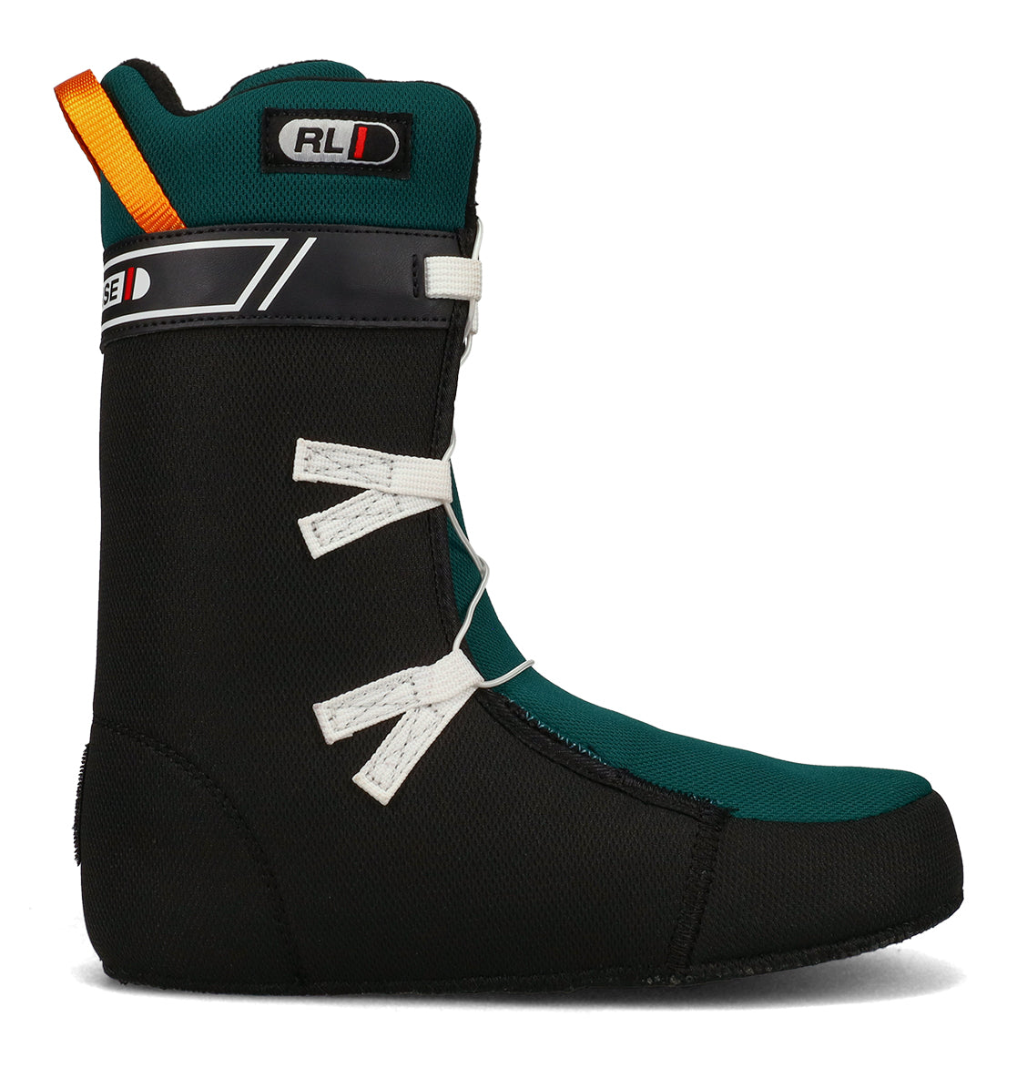 DC Shoes Men’s Phase Boa Snowboard Boots in black and teal feature a comfortable liner with white lace loops, an orange pull tab, and RL branding, all showcased on a white background—designed for all-day comfort.