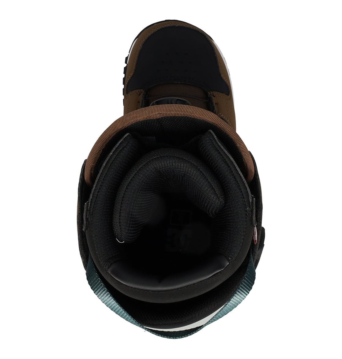 Top view of the DC Shoes Men’s Phase Boa Pro Snowboard Boot, inspired by high-top sneaker design, highlighting the padded black and brown ankle collar, tongue, and part of the interior lining.
