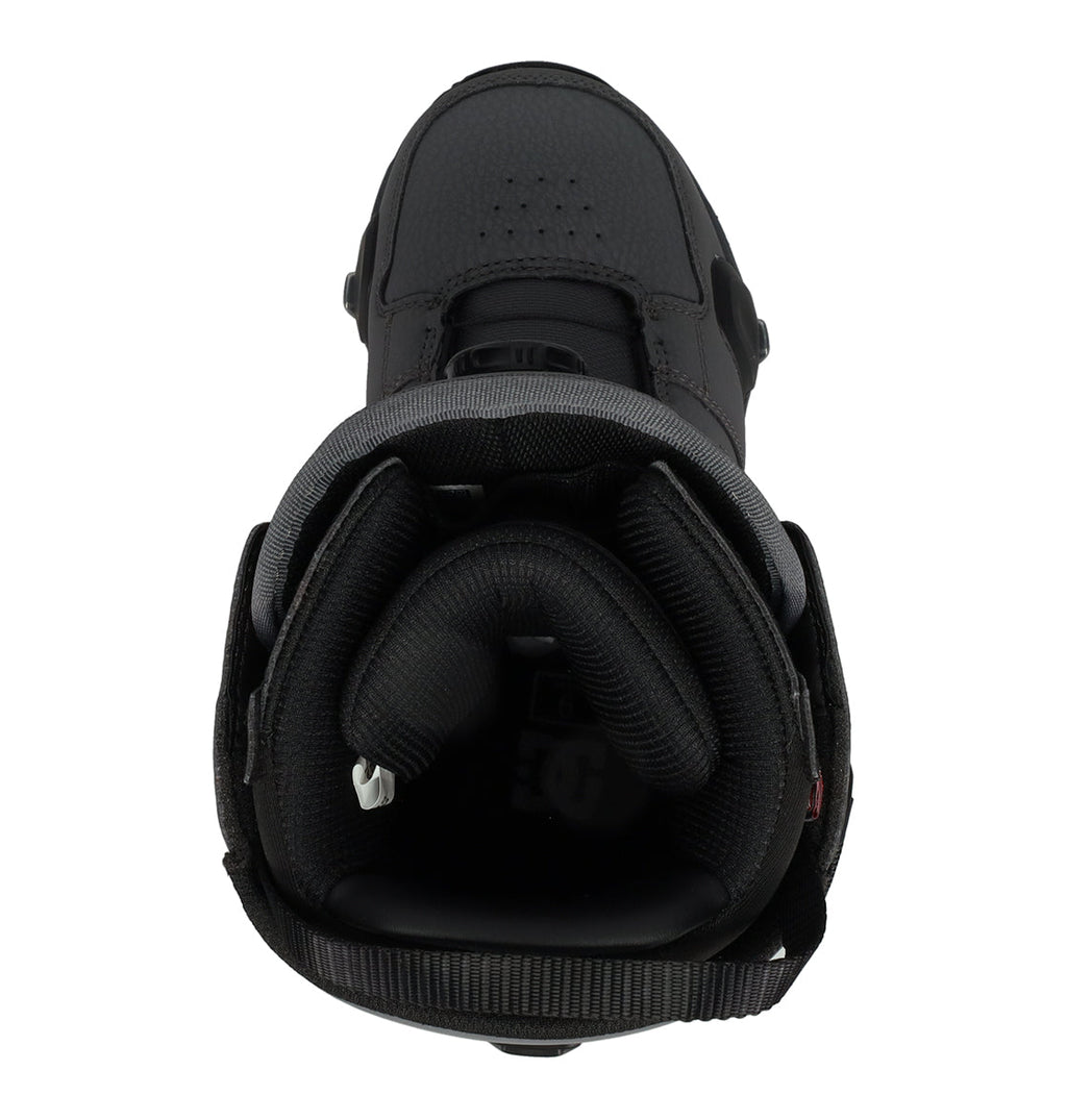 Top view of the DC Shoes Men’s Phase Boa Pro Step On Snowboard Boot in black, featuring a high-top design inspired by men’s snowboard boots. The boot showcases a padded collar, tongue, and inner lining for comfort, along with toe box perforations for breathability. It is equipped with a Boa lacing system for effortless adjustment and includes a pull tab at the back to enable convenient step on access.