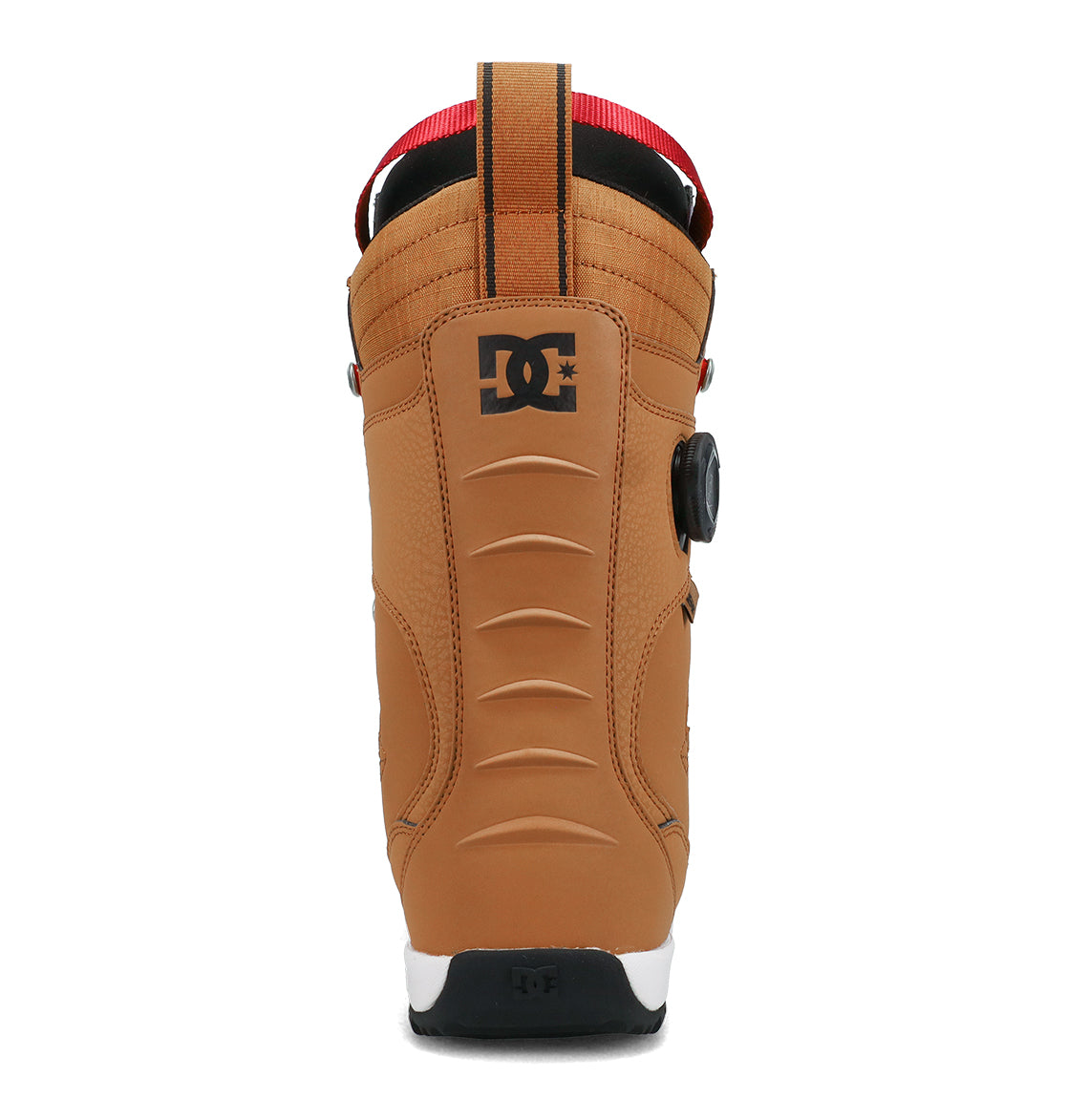 A tan DC Shoes Men’s Premier Hybrid Snowboard Boot shown from the back, featuring a black DC logo near the top, a red pull loop, and a white and black sole.