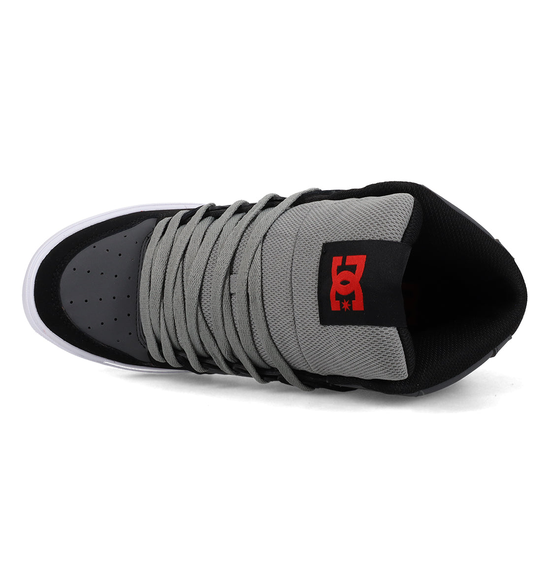 Top view of the DC Shoes Men’s Pure High Shoes in gray and black, featuring gray laces, a perforated toe box, and a red DC logo on the tongue—designed to offer men comfortable footwear with versatile style.