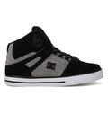 A pair of DC Shoes Men’s Pure High-Top Shoes in black and gray, featuring a white sole, black laces, and the iconic DC Shoes logo on the side. Constructed from a combination of suede and fabric materials, these high-tops offer both durability and comfort for everyday wear.