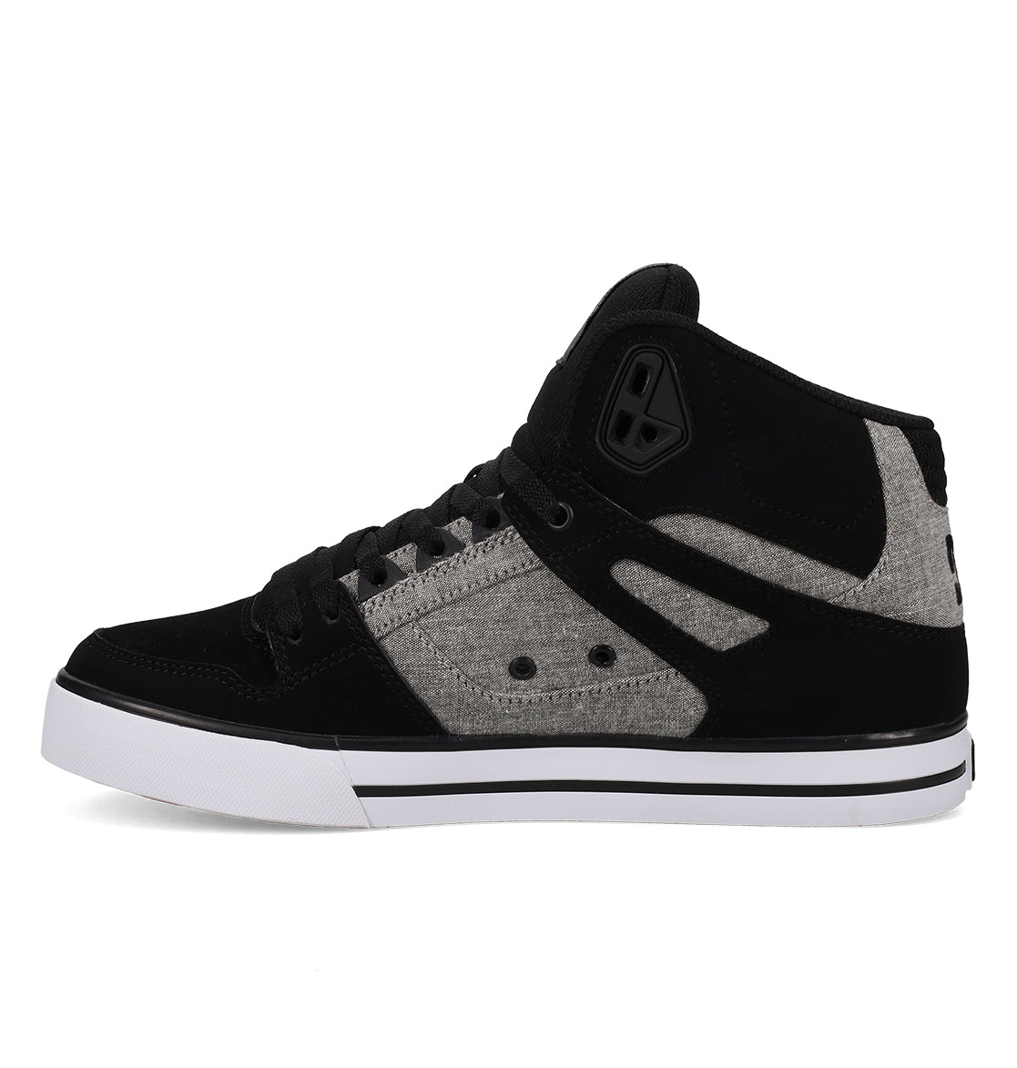 The Men’s Pure High-Top Shoes by DC Shoes are featured here in black and gray with white accents and a white sole, showcased from the side against a white background; these durable sneakers combine lasting comfort with bold style.