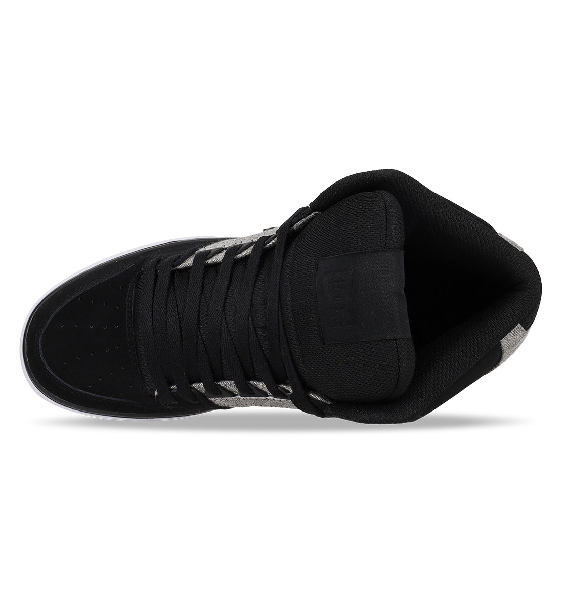 Top view of a Men’s Pure High-Top Shoe by DC Shoes in black, featuring black laces, a padded collar, and a dark tongue. Subtle white and grey accents along the sides add style and support. Designed for comfort, this shoe includes a black insole and inner lining to ensure all-day wearability.