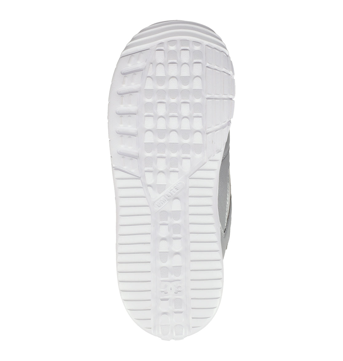 The image displays the bottom view of a white athletic shoe sole featuring a grid-like tread pattern and textured grooves for traction, reminiscent of those found on DC Shoes Women’s Phase BOA® Snowboard Boots.