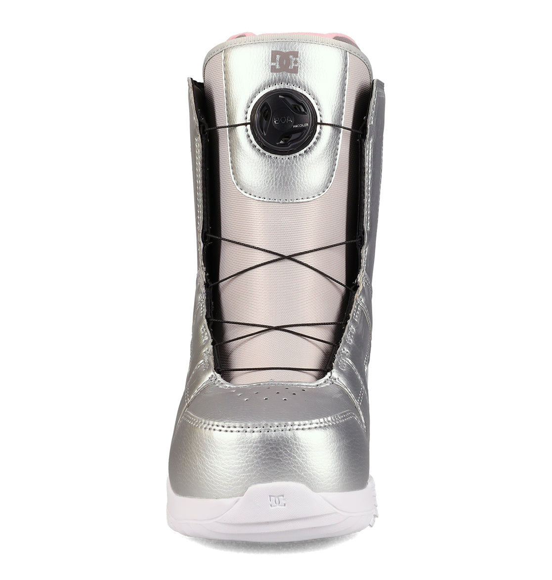 DC Shoes Women’s Phase BOA® Snowboard Boots in silver, featuring black laces, a round BOA® Fit System dial for tightening, and a white sole with IMPACT-ALG insoles, are shown from the front against a white background.