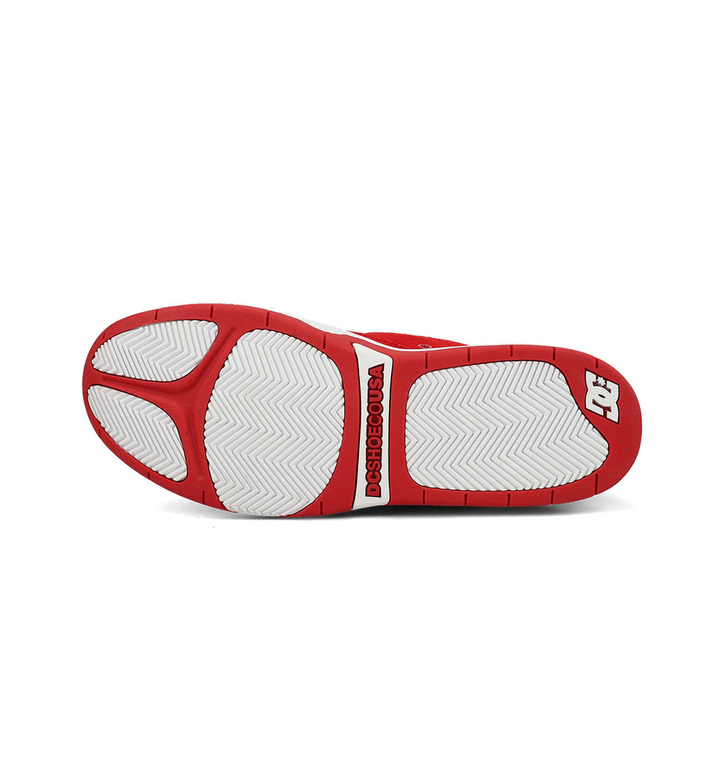 The image features the red and white sole of the DC Shoes Men's Ascend Skate Shoes, highlighted by a herringbone tread pattern. DC and DC SHOES USA logos are shown, reflecting modern comfort inspired by skate legend Josh Kalis.