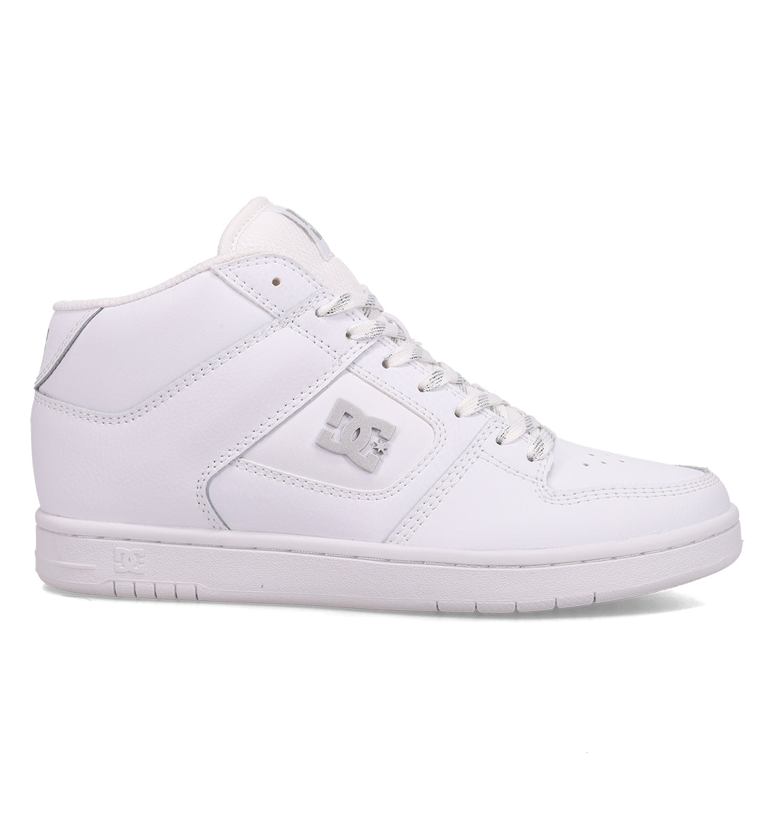 The Women’s Manteca 4 Hi High-Top Shoes by DC Shoes feature a classic white mid-top silhouette with laces, a perforated toe, and the signature DC logo on the side—highlighting a performance-focused design from the Women’s Manteca collection. Shown on a white background, facing left.