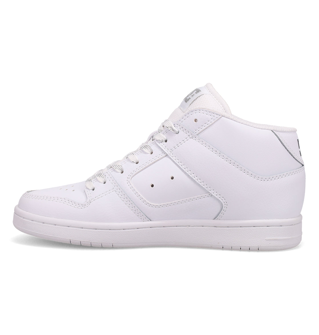 A side view of the DC Shoes Women’s Manteca 4 Hi High-Top Shoes in white showcases the mid-top design, featuring white laces, detailed stitching, side perforations, and a flat sole that emphasizes its performance-inspired style.