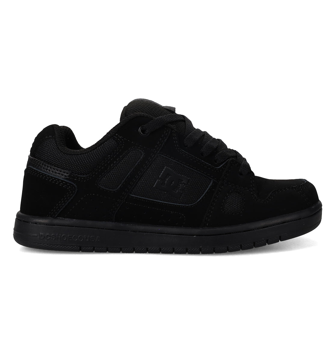 The Kids’ Stag Shoes by DC Shoes are black low-top skate shoes featuring a flat, durable cupsole, mesh and suede details, and the signature DC Shoes logo on the side. They come with black laces, an oversized puff tongue, and a padded collar to provide comfort and support.