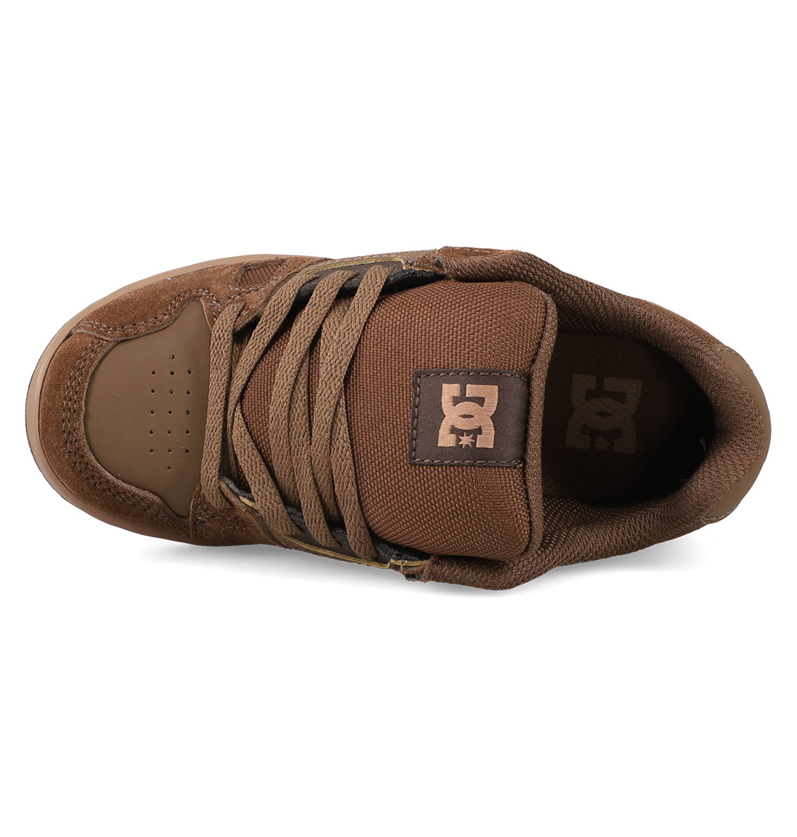 Top view of the Kids' Stag Shoes by DC Shoes, showing brown laces, a padded tongue with the DC logo, perforated toe area, and durable cupsole construction—a staple for young skaters.