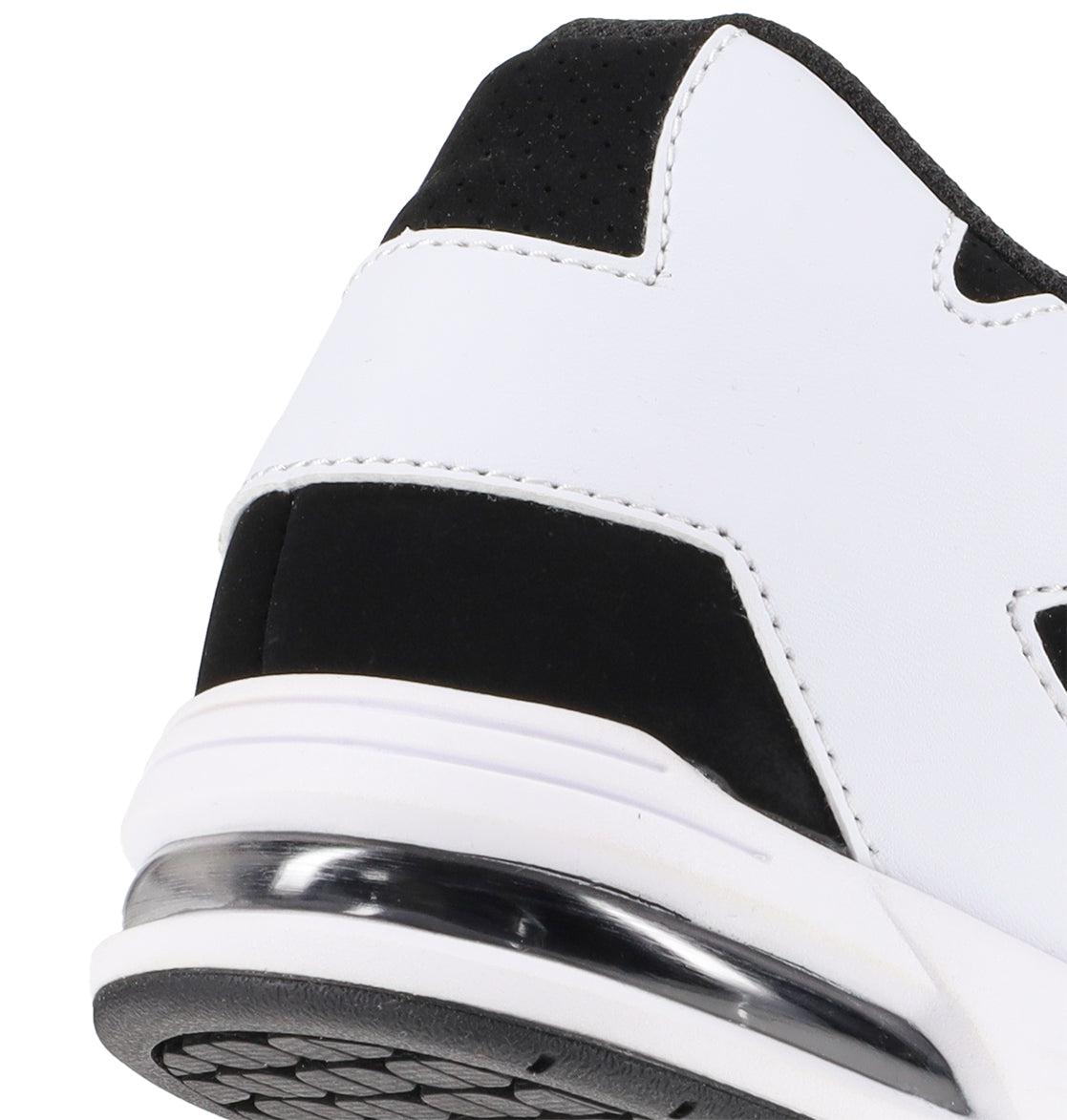 Close-up of the heel on DC Shoes Men's Command Shoes: white athletic sneaker with black & white accents, visible air cushion in the sole, and a textured black outsole—fusing modern tech style with classic DC heritage.