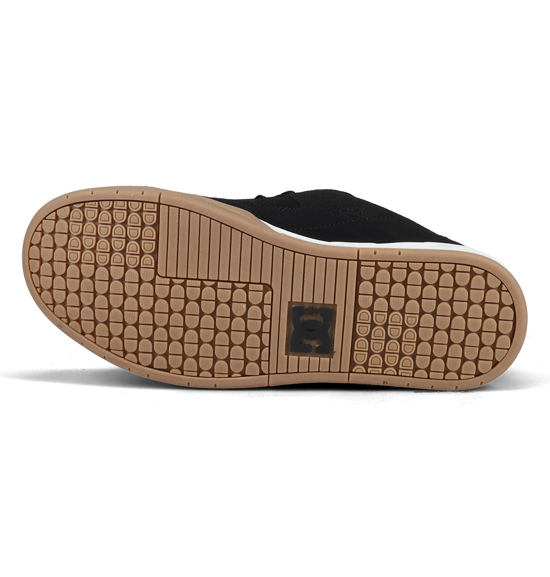 The image displays the sole of the Men’s Command Shoes by DC Shoes, featuring a tan-colored, textured grip pattern and a black rectangular logo area at the center, showcasing the classic DC bulk design and signature cushioning for superior comfort.