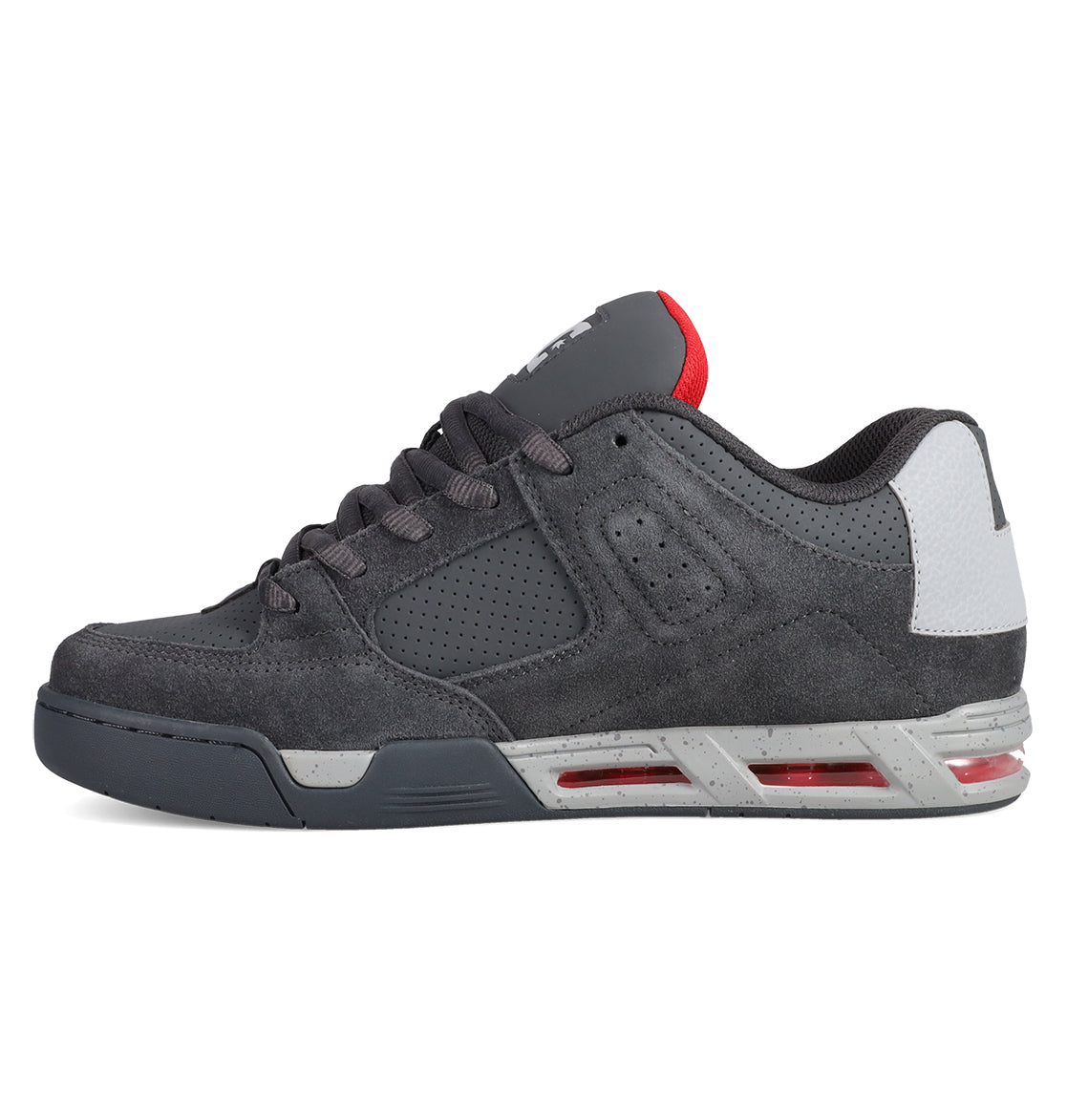 A side view of the Men's DC Command Shoes by DC Shoes in dark gray with red accents, white heel, perforated details, speckled midsole, and lace-up low-top design inspired by skate heritage.