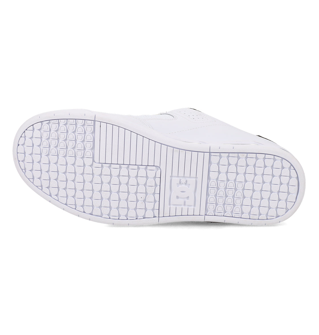 The image displays the white sole of the Men’s Command Shoes by DC Shoes, featuring a geometric tread pattern and an embossed DC Shoes logo with a crown near the center. With classic DC bulk, this design draws on elements from signature models like the Command while delivering comfort suited for everyday wear.