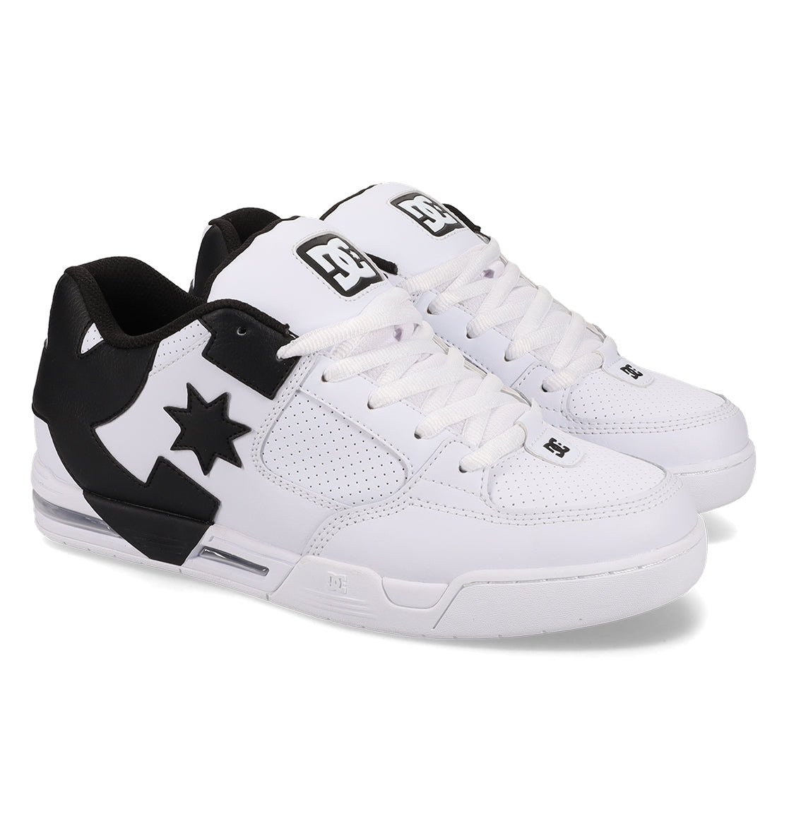 A pair of DC Shoes Men’s Command skate shoes in white and black, featuring perforated sides, signature DC bulk, a black star-shaped DC logo, white laces, and black accents on the heel and tongue for lasting comfort.
