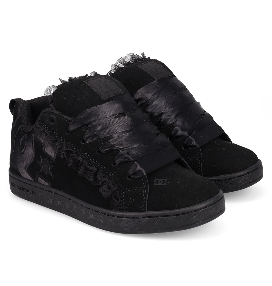 The Women's Court Graffik SD Shoes by DC Shoes feature a black suede upper, puffy silhouette, wide shiny black ribbon laces, black soles, and subtle star and logo details on the sides and heel.