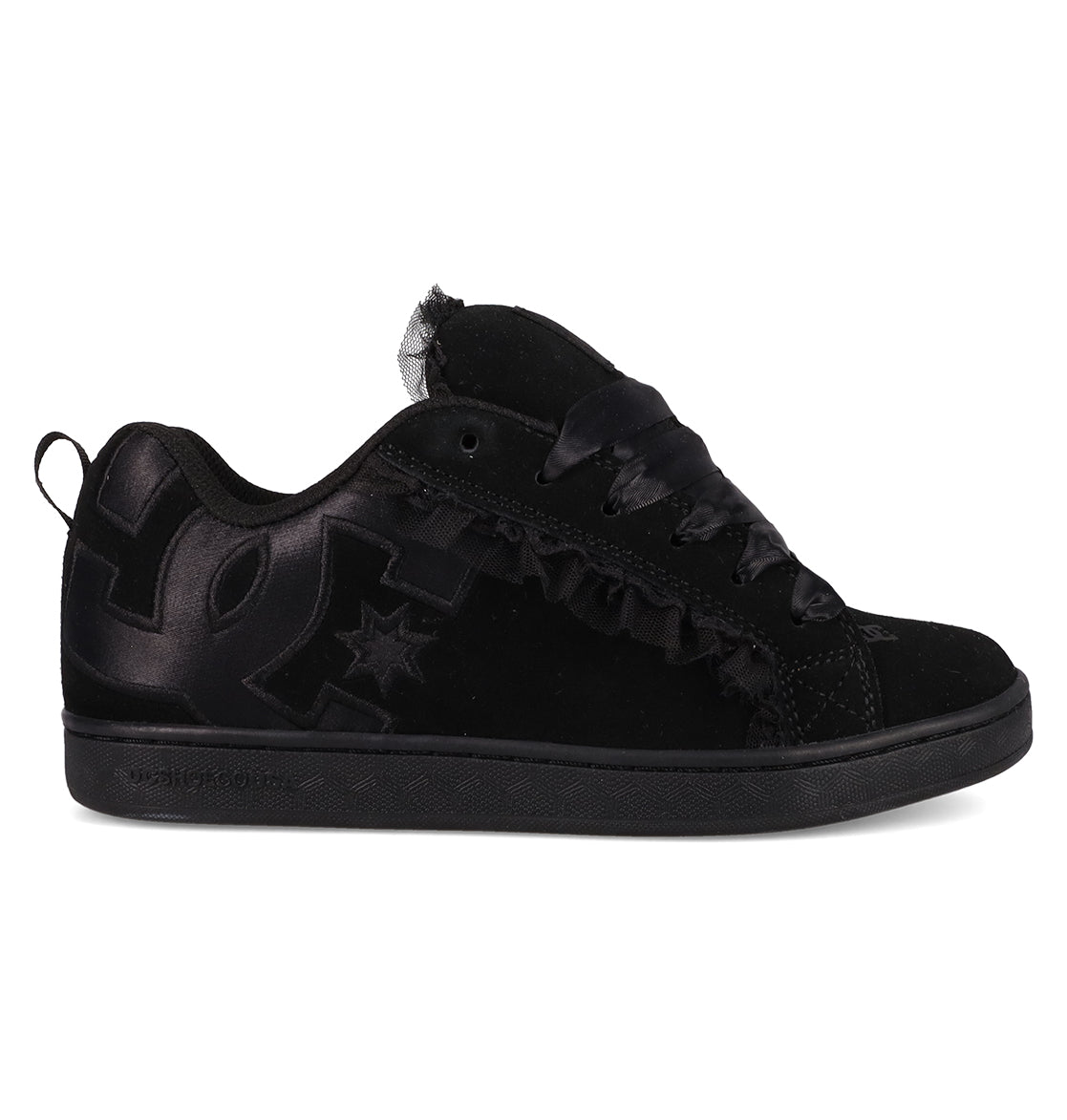 The DC Shoes Women's Court Graffik SD Shoes feature a black puffy silhouette, thick sole, wide satin laces, suede and satin materials, and a bold DC logo on the side.