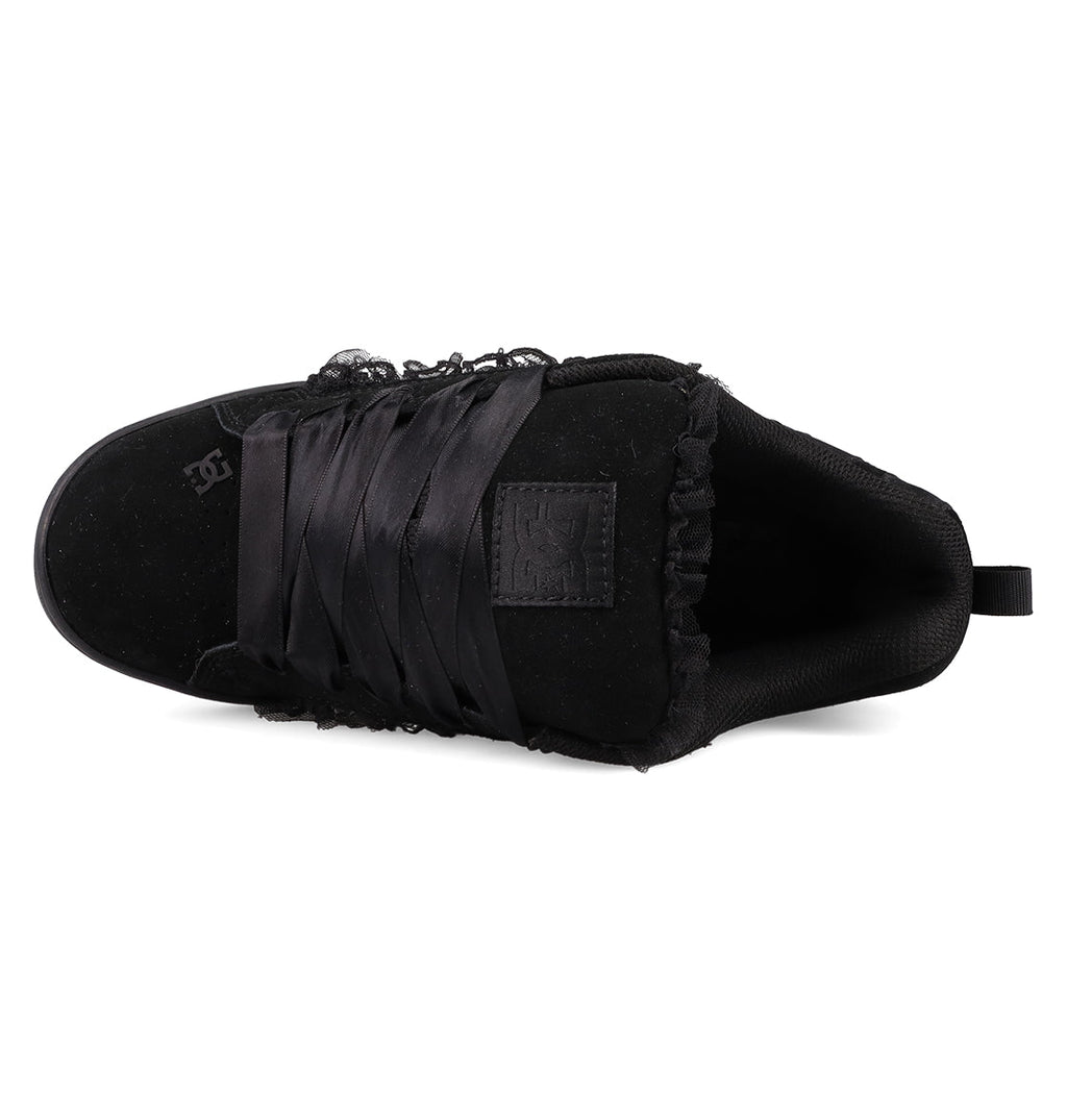 Top view of the Women's Court Graffik SD Shoes by DC Shoes in black, featuring a puffy silhouette, wide flat laces, textured upper, subtle branding near the toe and tongue, plus a heel pull tab.