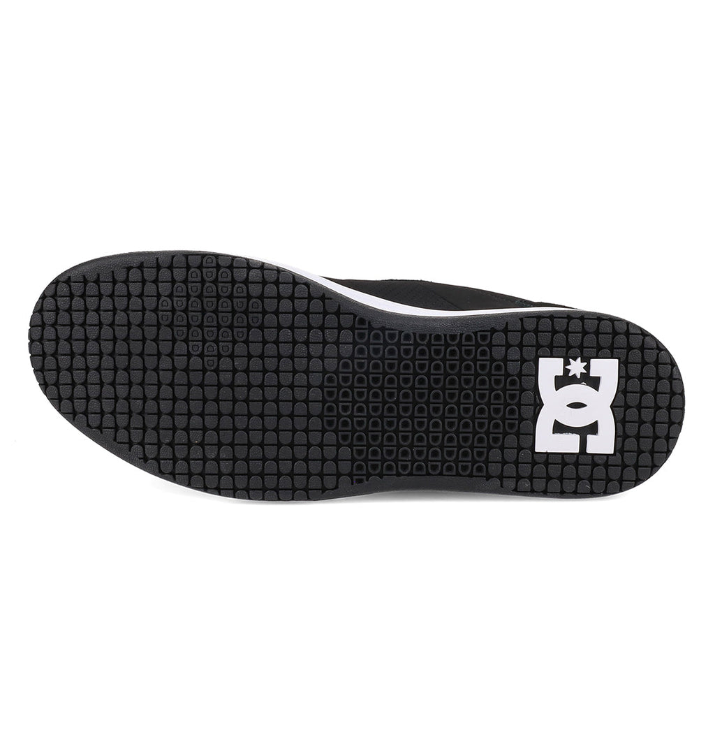 Black sneaker outsole with a textured tread pattern designed for superior board control, featuring a white geometric DC Shoes logo near the heel; photographed against a white background, the Men’s Astrix Shoes are perfect for street skateboarding.