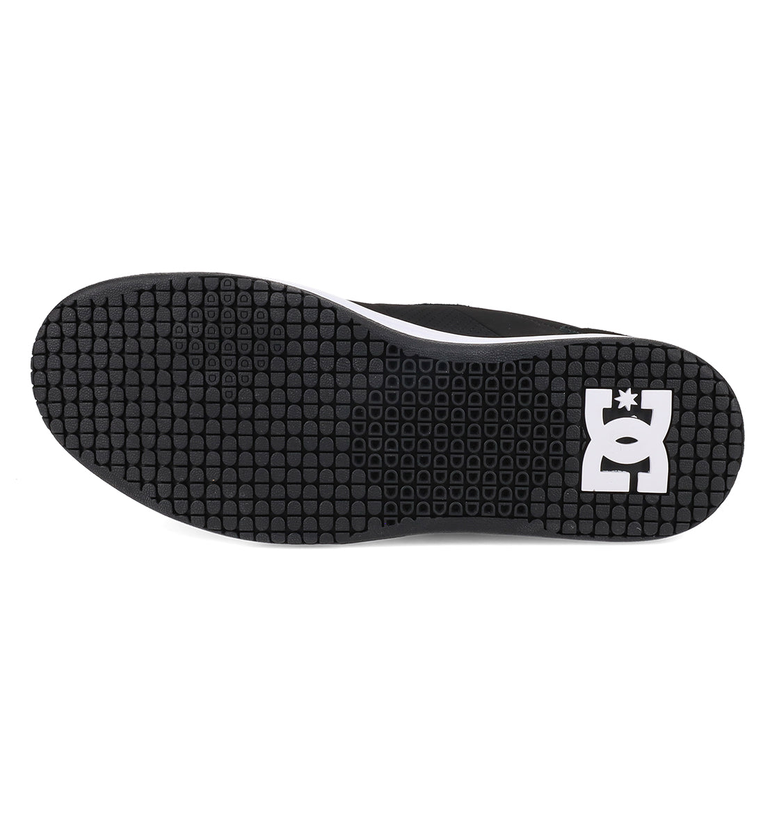 Black sneaker outsole with a textured tread pattern designed for superior board control, featuring a white geometric DC Shoes logo near the heel; photographed against a white background, the Men’s Astrix Shoes are perfect for street skateboarding.