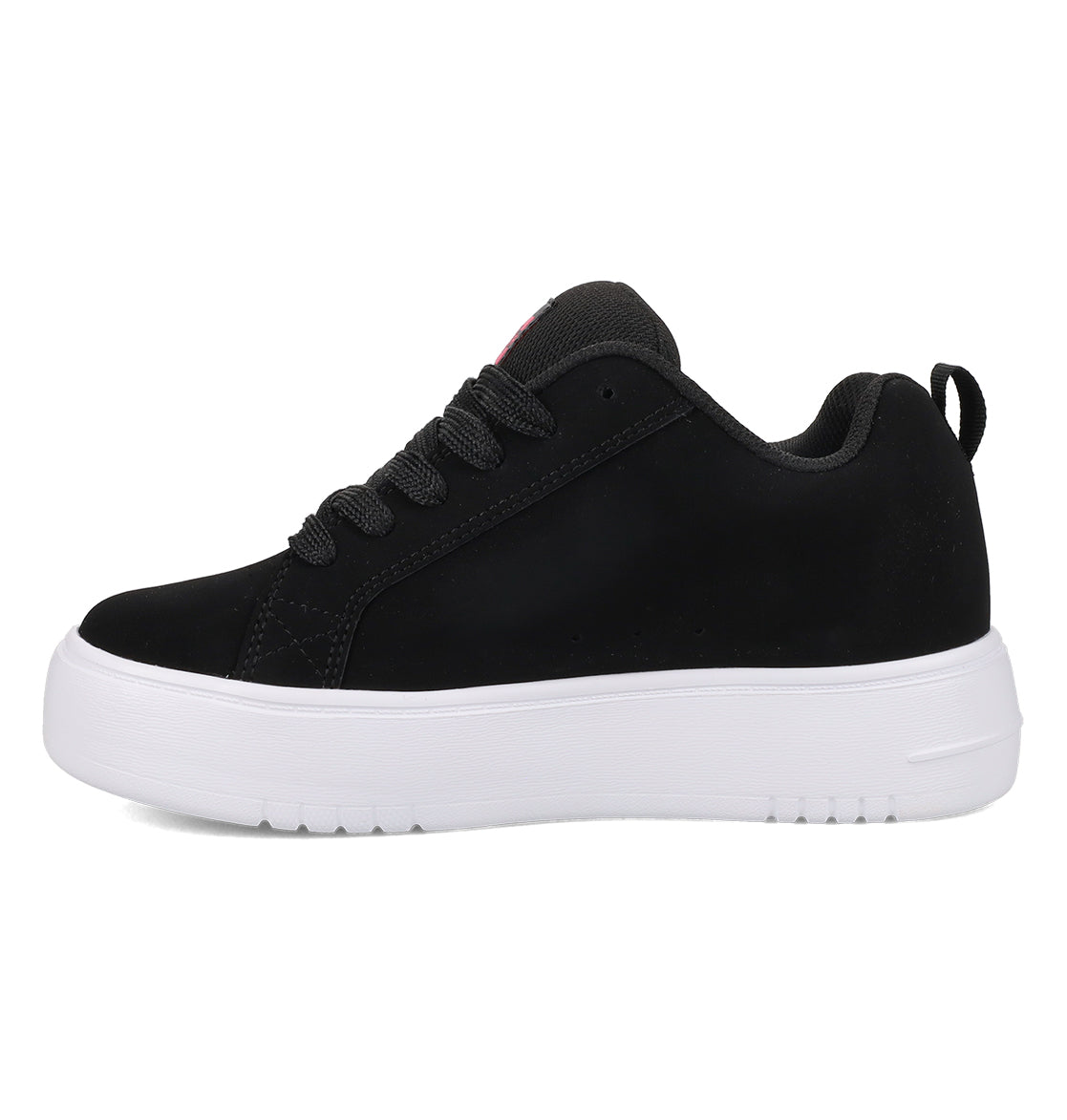 A black sneaker with a thick white sole, black laces, and a low-top silhouette is displayed in side profile on a white background. This fashionable pair is the Women’s Court Graffik Platform Shoes from DC Shoes, combining bold style with everyday comfort.