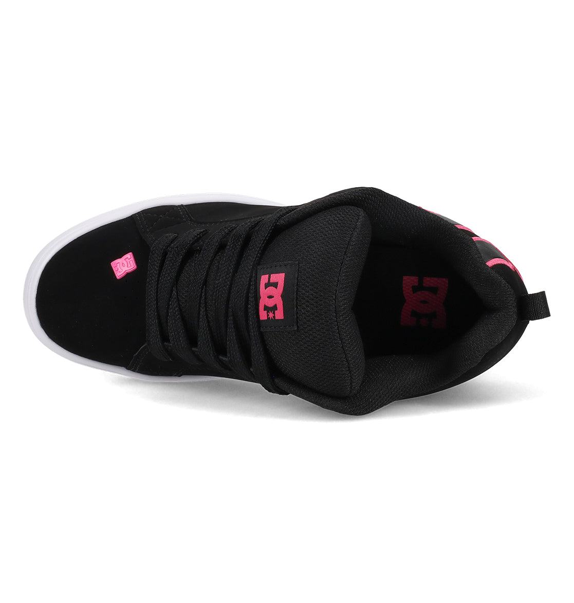 Women’s Court Graffik Platform Shoes by DC Shoes in black, featuring pink logo accents. The top-down view shows black laces and a white sole, with the DC Shoes logo displayed on both the tongue and outer side.