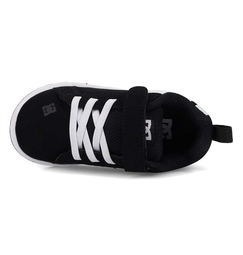 The DC Shoes Kids’ Court Graffik Shoes – Toddler feature a puffy black silhouette with white laces, a single black Velcro strap, a white sole, and a heel loop. Viewed from above, these sneakers deliver everyday comfort and style—perfect for little ones on the go.